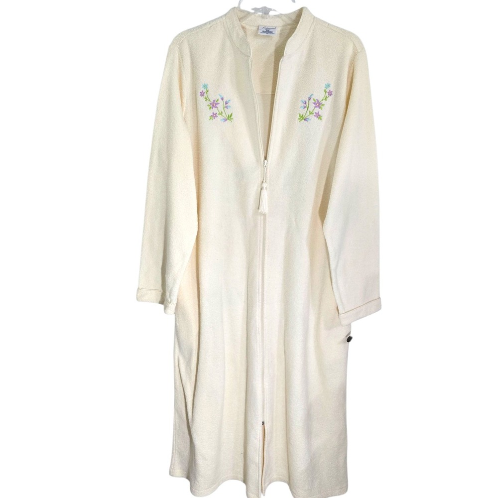 Fundamentals Terry Cloth Robe Floral Embroidered Zip Up Lounger Housecoat Size M